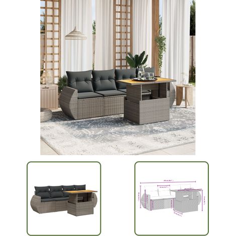 The Living Store 5-tlg. Garten-Sofagarnitur mit Kissen Grau Poly Rattan - Gartengestelle - Gartenmöbelset - PE-Rattan Möbel - Outdoor Lounge Set - Balkonmöbel (1/3)