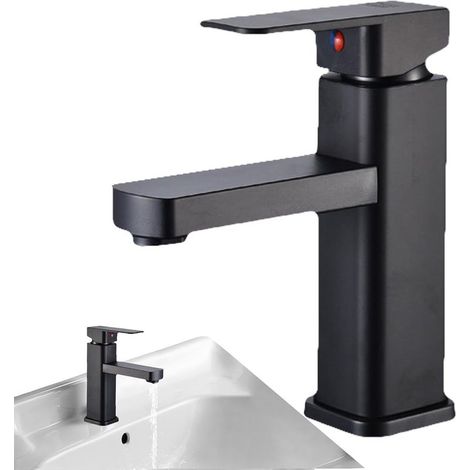 Grifo de lavabo cuadrado de un solo orificio: grifo de baño robusto de acero inoxidable con núcleo de cerámica negra mate para baño y cocina con manguera de 60 cm. (1/5)