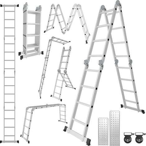 Randaco Escalera multiposición 7 en 1 de aluminio, 4x4 peldaños, aprox. 470 cm / 4,7 m, plegable, 2 plataformas + 2 ruedas, carga máxima 150 kg (1/5)