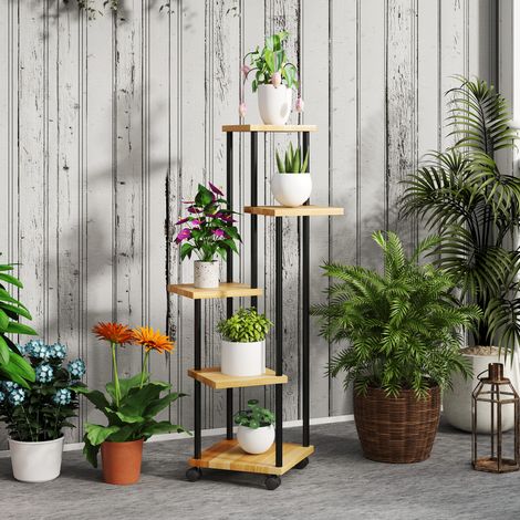 Support à plantes à 5 niveaux pour intérieur et extérieur. étagère plante avec 4 roues  en acier et bois bois naturel (1/5)