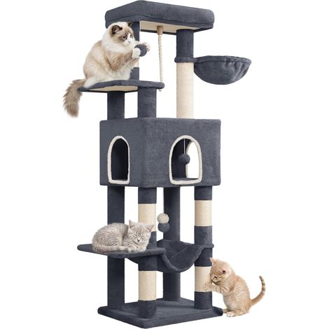 Arbre à Chat Hauteur 162 cm, Tour de Jeux pour Chats, Griffoir avec Grandes Plateformes, 5 Poteaux à Griffer, 3 Pompons, 1 Hamac, 1 Niche, Multi-Niveaux, Gris Foncé (1/5)
