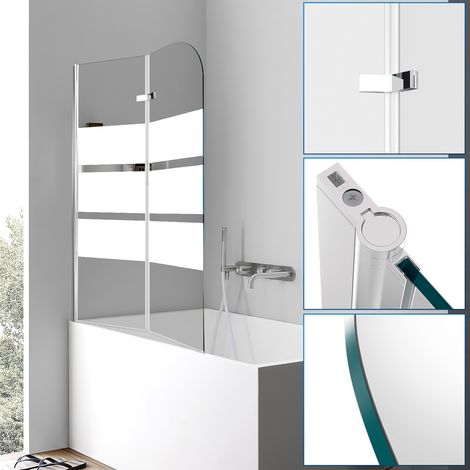TolleTour Duschwand Badewanne 100 x 140 cm, 2-teilig faltbare Badewannenfaltwand, Badewannenaufsatz aus 6 mm ESG Sicherheitsglas, 180° schwenkbar, Weiße Streifen (1/5)