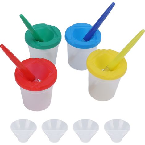 Ensemble de pinceaux et porte-pinceaux (8 pièces) : 4 pinceaux ronds en poils de sanglier aux couleurs acidulées et 4 gobelets pour mélanger la peinture (1/5)