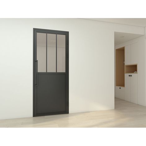 Porte verrière intérieure 83 x 211,5 cm, bloc porte Loft, verre transparent, style atelier soubassement noir, ouverture tirant droite