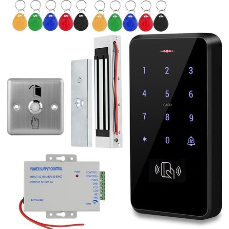 Kit de système de contrôle d'accès RFID, clavier d'entrée de porte étanche avec serrure magnétique de 180 kg, alimentation, bouton de sortie et 10 porte-clés, 3 000 utilisateurs, WG26/34 (1/5)