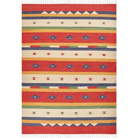 Tappeto kilim in cotone rosso beige con nappe 140 x 200 cm Alapars