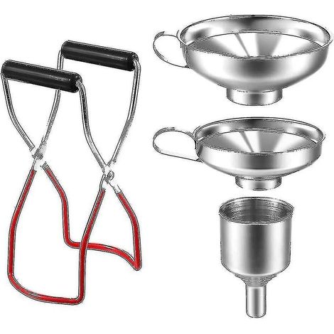 Ensemble d'entonnoirs de cuisine - 4 pièces : entonnoir passoire, entonnoir en acier inoxydable, petit entonnoir en acier inoxydable, pince à confiture, pots et entonnoir à confiture - Parfait (1/5)