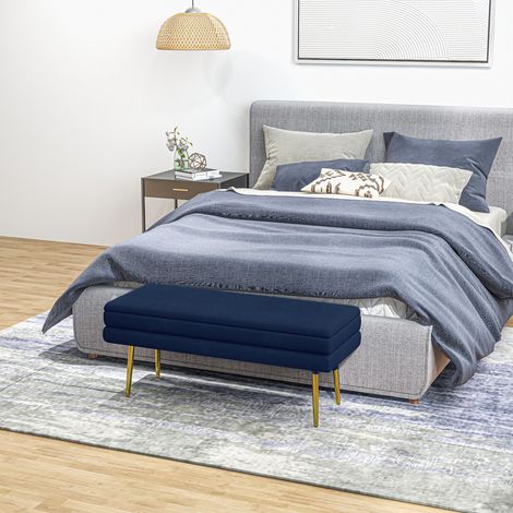 Banc de lit Velvet-Fee, assise rembourrée épaisse, pieds en acier, mobilier de chambre moderne, bleu foncé (1/5)