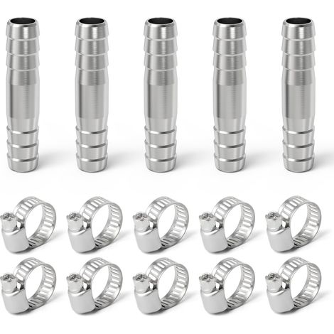 5 pièces 16mm acier inoxydable tuyau droit barbeau raccord de tuyau 2 voies en i sus 304 avec 10 étriers (1/4)