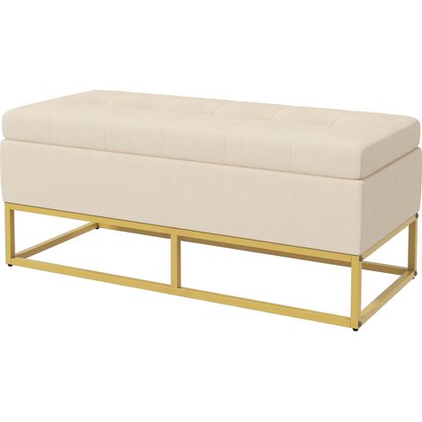 Banc de rangement, capitonnage décoratif, aspect flanelle, pieds en acier doré, 110 x 47 x 46,5 cm