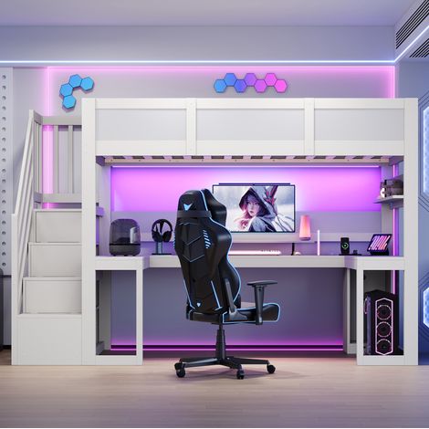 Lit mezzanine gaming 90 x 200 cm avec bureau intégré, escalier avec rangements, éclairage LED, prise USB et structure en bois blanc – idéal pour jouer et étudier CHICFURN (1/5)