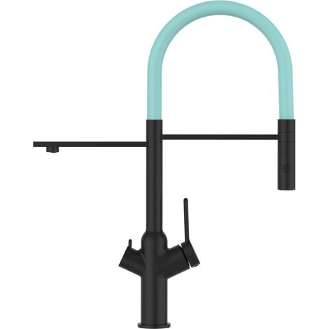 Rubinetto 3 vie miscelatore cucina Nero Opaco con canale separato per acqua filtrata, canna turchese movibile e doccia due getti staccabile - serie BOD (1/5)