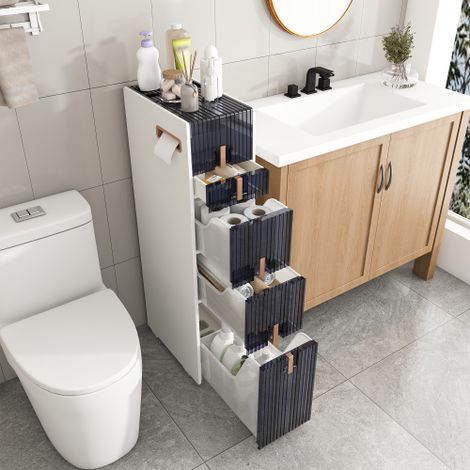 Armoire étroite en PP avec 3 grands tiroirs et 1 petit tiroir, 2 abattants, des roulettes avant orientables et des pieds antidérapants, idéale pour les espaces restreints de la salle de bains (1/5)