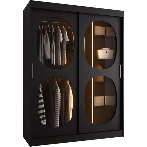 Armario Hartford 527, Negro, 200x150x62cm, Puertas de armario: Correderas, Número de estantes: 3, LED