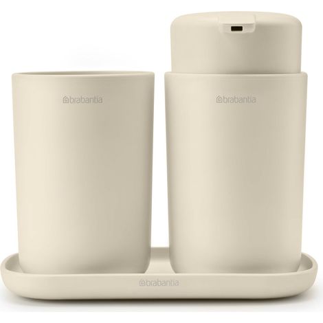 Brabantia - ReNew Set di Accessori per il Bagno - Dispenser per Sapone, Portaspazzolino & Vassoio - Meccanismo a Pompa Antigoccia - Resistente alla Corrosione - Set da Bagno da 3 - Soft Beige (1/5)
