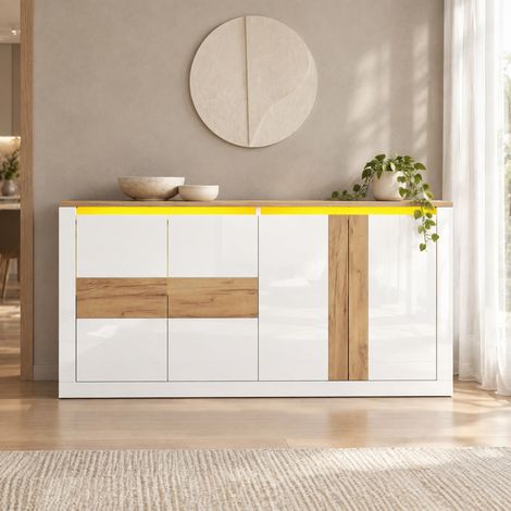 Credenza 140 x 35 x 70 cm con LED RGB, 4 ante, MDF bianco e effetto rovere OKMYHOME (1/5)
