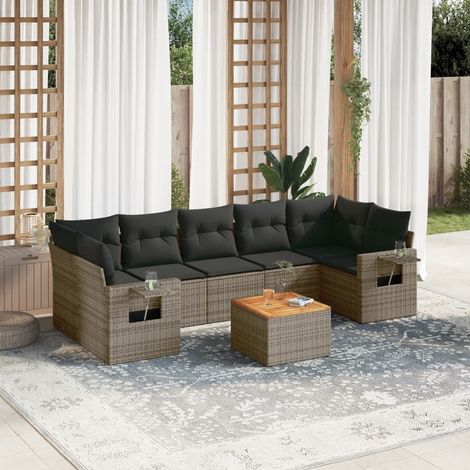 Canapé d'Extérieur Modulaire 8 Places en Résine Tressée Gris avec Coussins et Table Acacia (1/5)