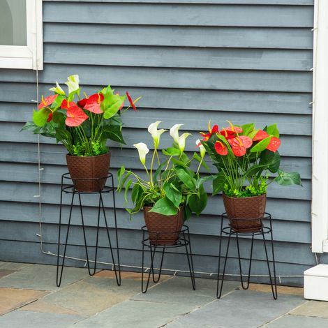Outsunny 3er-Set Pflanzenständer, 23,5/30/42cm hoch Blumenständer für Innen Außen, Blumentopfständer aus Metall, Blumenhocker für Wohnzimmer, Garten Balkon, Schwarz