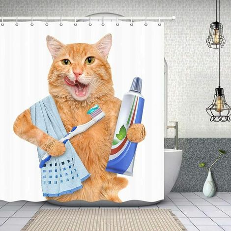 Funny Animals Shower Curtain Decor, A Cat With Toothpaste On Toothbrush Shower Curtains 69X70 Inch Polyester Fabric Bathroom Fantastic Decorations Bath Curtains (1/5)