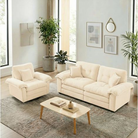 Sofaset 2-teilig mit Chenille-Bezug und Kissen Beige OKMYHOME (1/5)