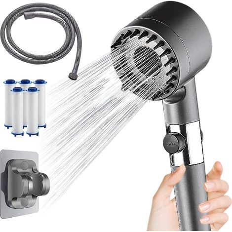 Pommeau de douche filtrant, 4 jets, avec flexible et support, anti-calcaire et chlore. (1/5)