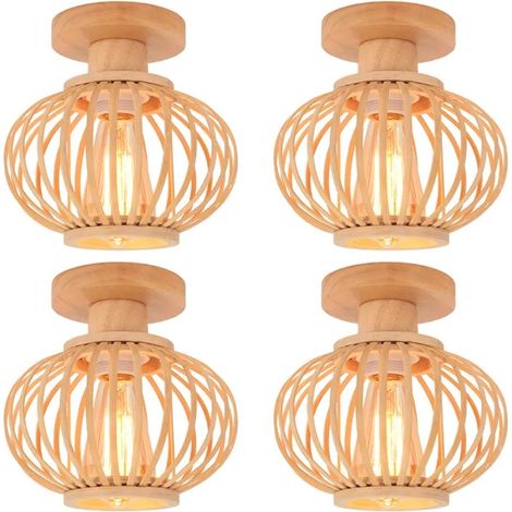 4x Plafonnier en Cage,Lustre Boho Lampe de Plafond Abat-jour en Bambou et Bois Rétro Ø20cm Design Lanterne pour Salon Chambre (1/5)