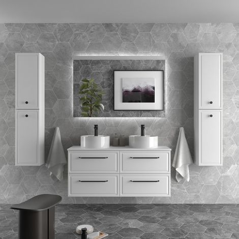 Mueble de Baño RUNA 140cm Blanco Mate 4 cajones Lavabo sobre encimera 2 pozas Porcelana (1/5)