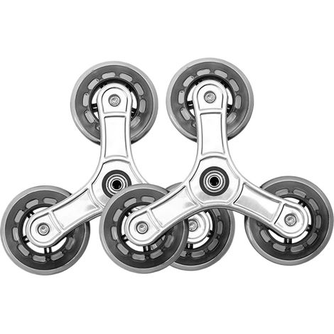 Deux roues triangulaires en acier inoxydable pour monte-escaliers- conçues pour les chariots à sacs de courses. Roues pivotantes robustes et silencieuses. (1/5)