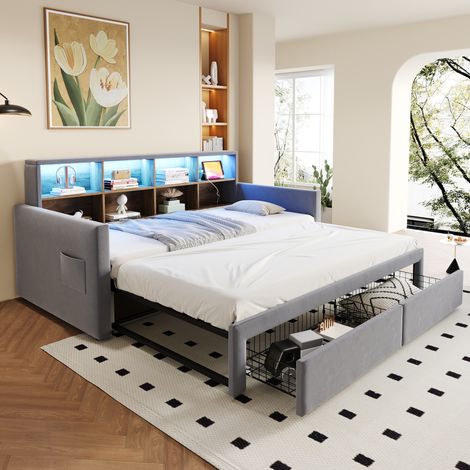 Bett Schlafsofa ausziehbar Bett 90x190 Samt Hellgrau OKMYHOME (1/3)