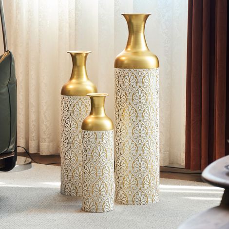 Lot de 3 vases décoratifs de sol 50/66/83 cm en métal or et blanc, pour salon – MEUBLIV (1/5)
