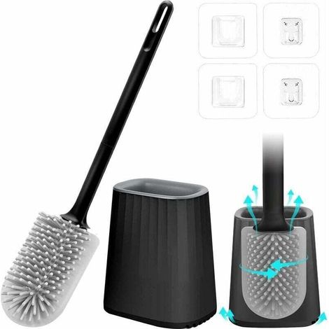 Brosse WC, Brosse de Toilette Silicone, Brosse WC Suspendu avec Support à Séchage Rapide, Brosse WC Silicone et Supports Mural/Sol, Brosse Toilettes WC pour Toilette de Bain, Noire-DOU