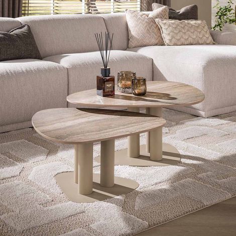 Tables basses triangulaires métal beige et céramique Célia (lot de 2) (1/5)