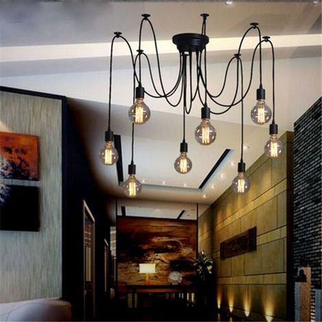 – Lustre araignée 8 têtes en métal noir – Éclairage rétro pour restaurants et cafés – Compatible ampoules E27 – Installation facile (1/5)