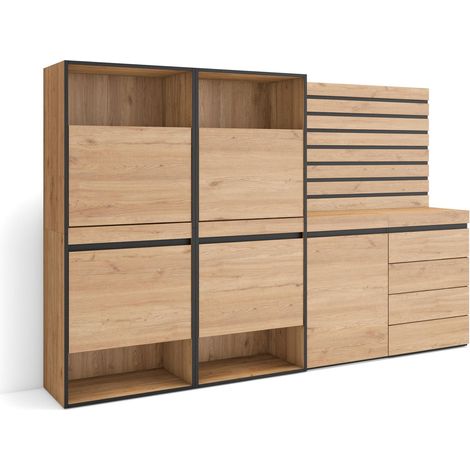 Skraut Home - Schuhregal, Schuhschrank, Schuhaufbewahrung, 227x145x35 cm, Für Schlafzimmer, Zimmer, Kommode mit Schubladen, Lamellenwand Holz, Moderner Stil, Eiche (1/5)