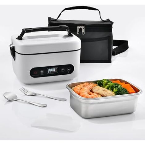 Gamelle Chauffante avec Batterie Intégrée 12000mAh, Lunch Box électrique 1.5L, Bote Repas Chauffante sans Fil avec Minuterie Intelligente, Parfait pour Bureau, Voyage, Camping (Noir/Blanc) (1/5)
