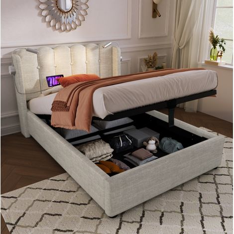 Letto singolo 90x200 cm beige in lino con materasso, contenitore, luce da lettura e USB (1/5)