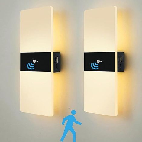 Set aus zwei wiederaufladbaren LED-Wandleuchten, geeignet für den Innenbereich, mit Bewegungsmelder, USB-Aufladung, kein Stromanschluss erforderlich, kabellose Wandleuchten, eingebauter 4000-mAh-Akku.