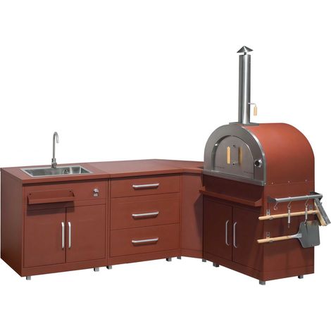 Cuisine extérieure acier 4 éléments avec four à pizza brique