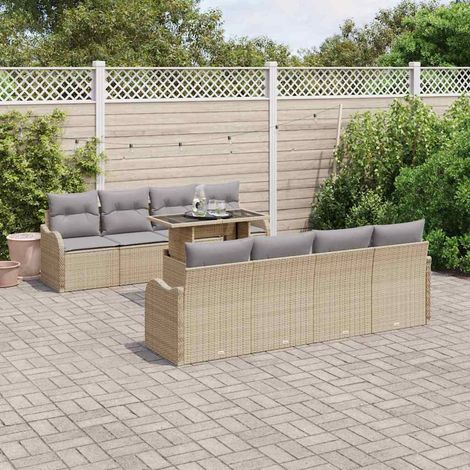 Gartensofa-set mit Kissen 7 pcs Beige und Grau Poly-Rattan