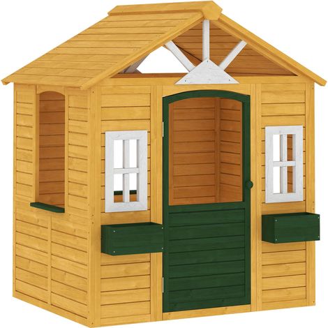 Spielhaus aus Holz für den Außenbereich mit Tür, Fenstern und Pflanzgefäßen