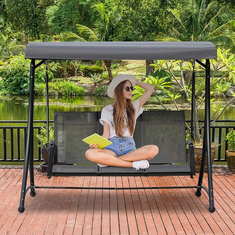 Altalena Outsunny Hollywood con tasca laterale, altalena da giardino a 3 posti con parasole regolabile, capacità di carico della panca fino a 300 kg, per giardino e patio, 196 x 128 x 172 cm, grigio s