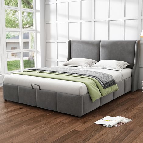 Cama tapizada 160/200 cm gris de terciopelo con canapé abatible hidráulico (1/5)