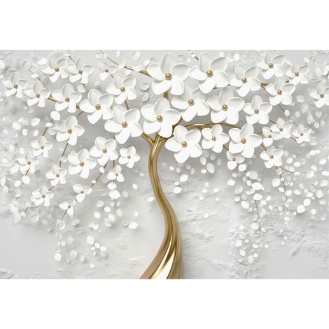 Papier peint panoramique fleurs blanches arbre 3D décoration murale – 400 x 280 cm Wallarena