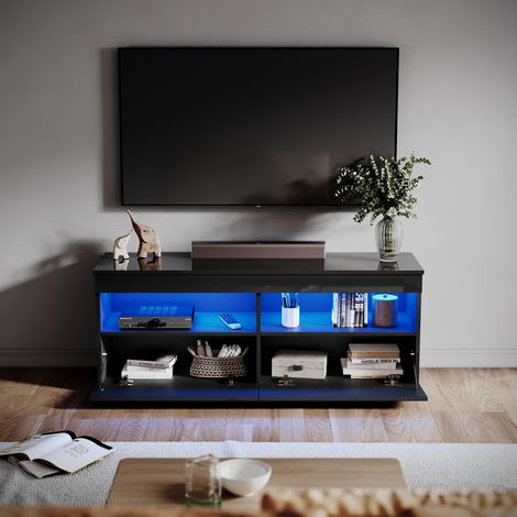 ELEGANT High Gloss LED TV Stand Adjustable Ambient Light TV Cabinet with Shelves and Drawers for Living Room Bedroom Furniture, Black 1200mm
