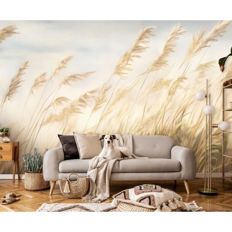 Vlies Fototapete Blätter 150x105 cm, Tapeten, für Wohn und Schlafzimmer, Vliestapete Wandtapete Tapete 3D Effekt- inkl. Kleister - Gras Beige Gelb Natur, WallArena (1/4)