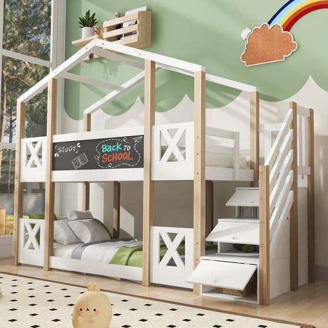 Etagenbett 90x200 cm Baumhausbett mit Treppe und Stauraum, Kinderbett aus Kiefer Massivholz mit Rausfallschutz, Tafel und 2 Lattenrosten, Weiß (1/5)