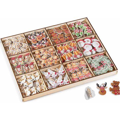 Mollettina natalizie decorate in legno in espositore da 144 pezzi, Orsetto: cm 2,5 x 3,5 H