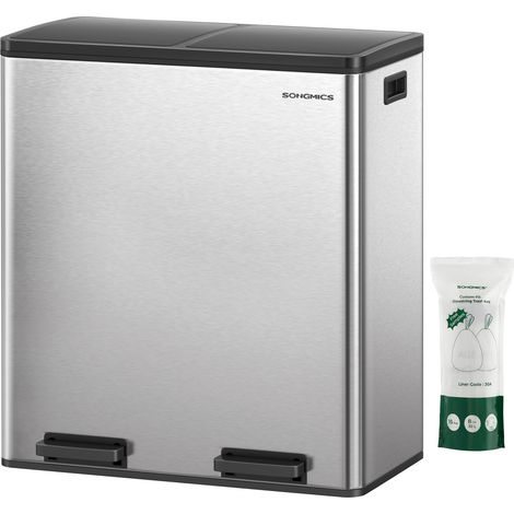 Songmics – Poubelle à pédale double compartiment 2 x 30 L – Couvercles en métal – Seaux intérieurs en plastique – Mécanisme de fermeture douce – Argent et noir