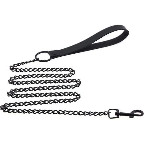 Laisse robuste pour chien, chaîne anti-morsure en métal, laisse basique pour animaux de compagnie avec poignée en cuir, longueur d'environ 1,1 m, convient aux chiens de petite et moyenne taille. (1/3)