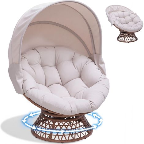 Fauteuil Papasan Rotatif avec Coussin Rond, Assise Confortable en Rotin, Fauteuil Relax pour Salon, Coin Lecture - Beige (1/5)